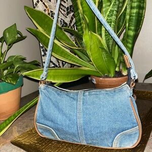 Casual Blue Denim Shoulder Bag with Tan Trim